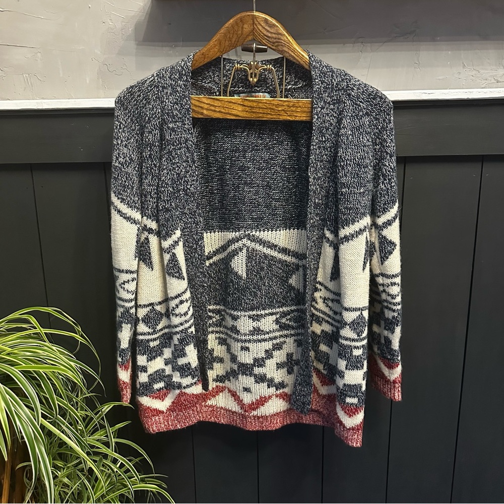 Flying Tomato Blue Red and Cream Nordic Cardigan Sweater size Medium